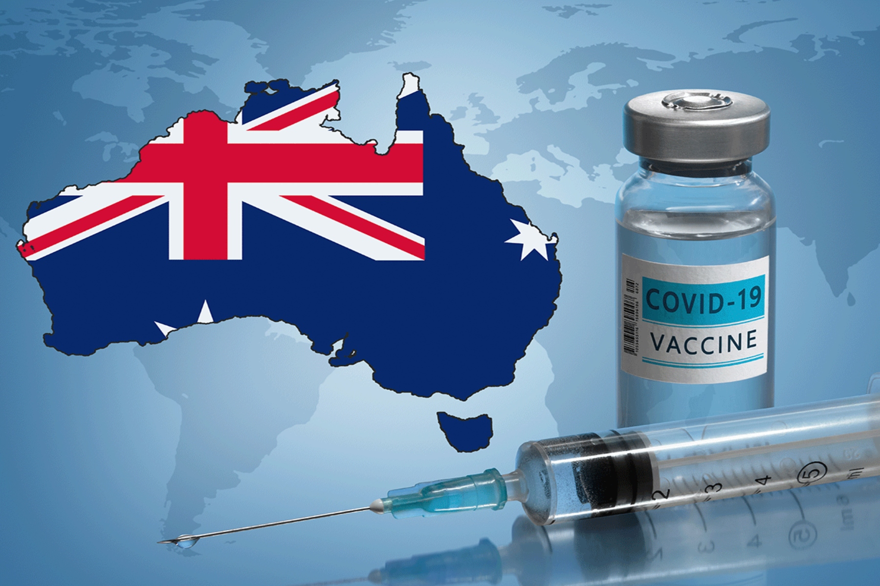 map of australia vaccine vial and syringe