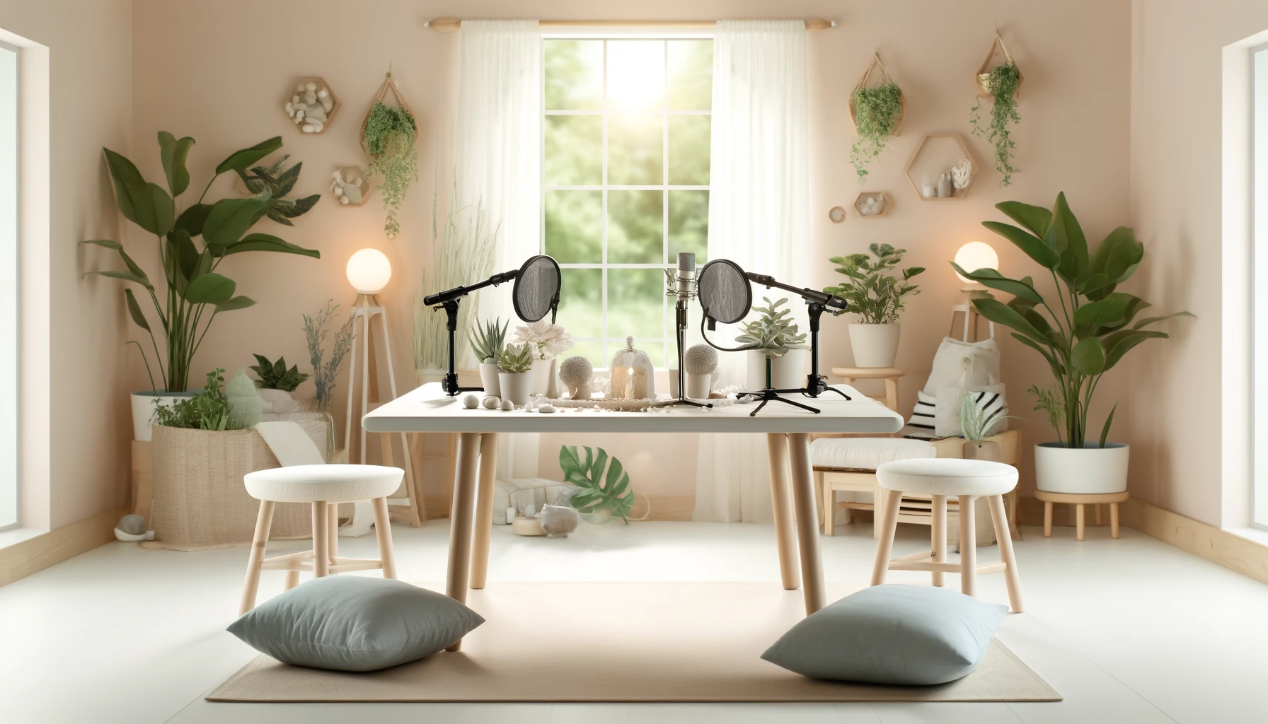 dall·e 2024 04 12 11.35.13 a calm and soothing podcast studio designed for wellness and relaxation themes. the studio features a minimalist design with a clean white table surr