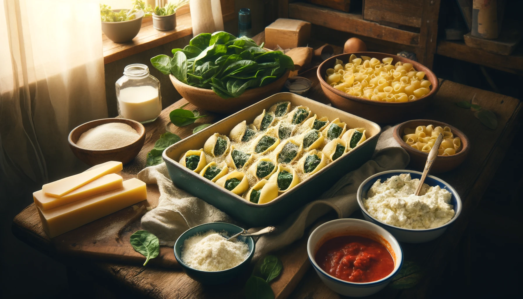 dall·e 2024 04 26 15.14.02 a cozy kitchen scene featuring the preparation of spinach and ricotta stuffed pasta shells. the image shows a large rustic wooden table with ingredie