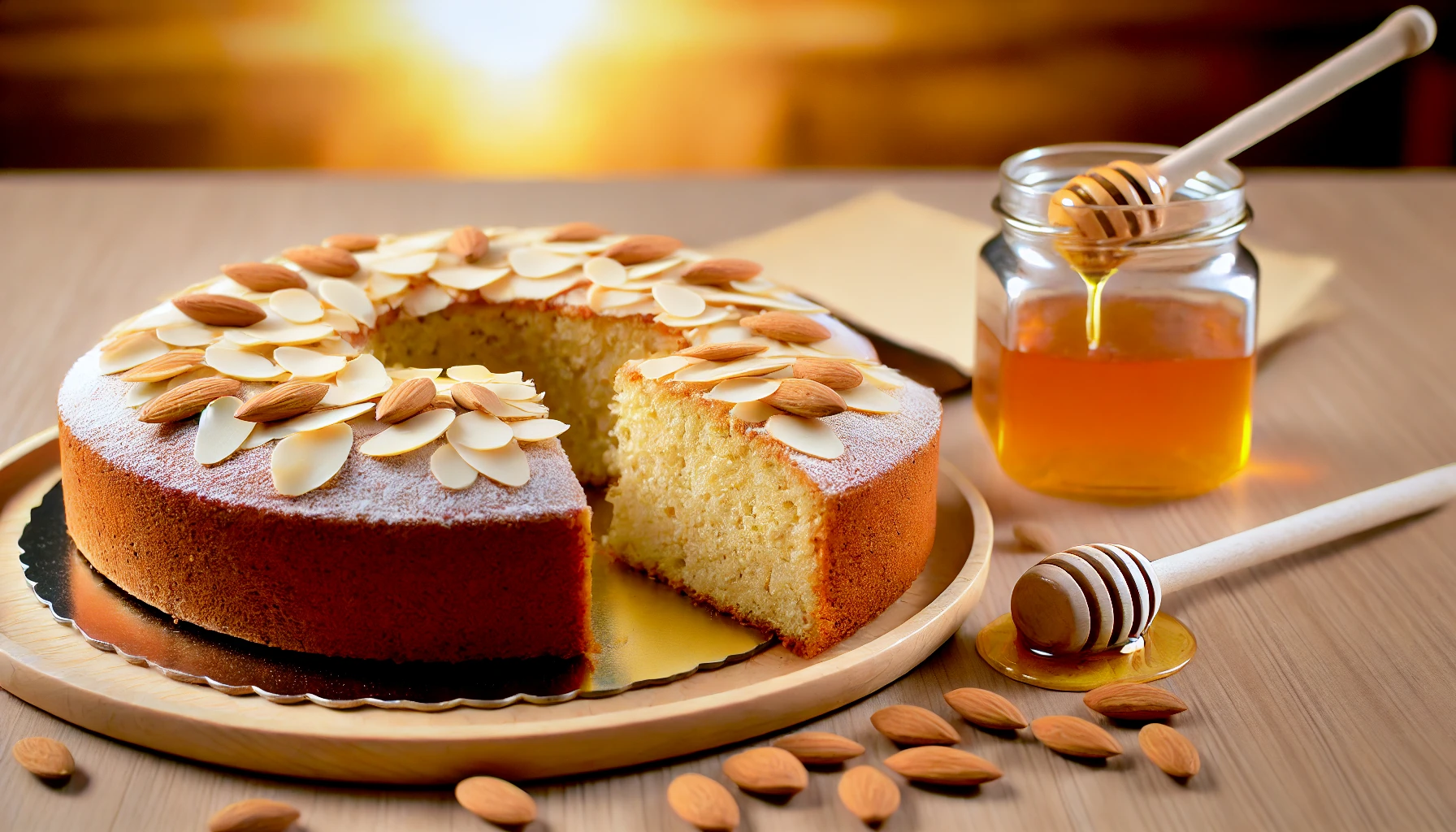 dall·e 2024 08 09 16.20.00 a beautifully presented honey almond cake on a wooden table. the cake is round topped with almond slices and a light dusting of powdered sugar. a sli